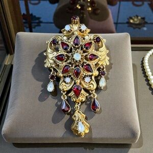FLORENZA Victorian Revival Guilded Faux Garnet and Opal Brooch